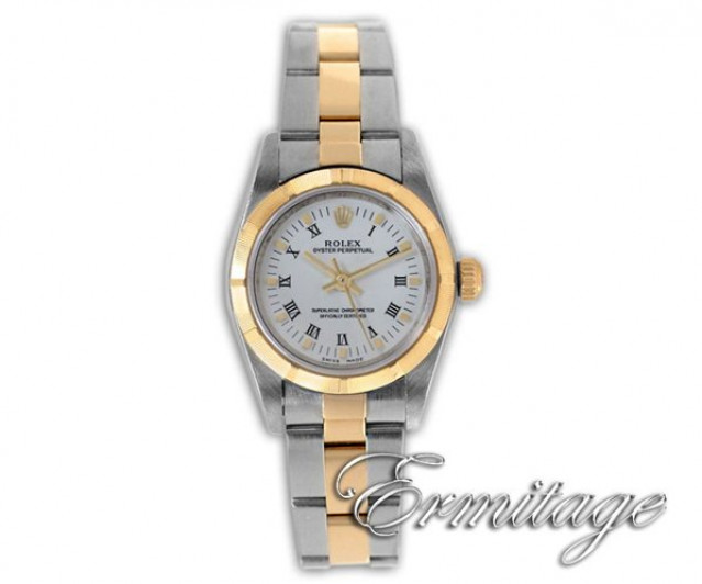 Rolex 78233 Yellow Gold & Steel on Oyster, Engine Turned Bezel White with Black Roman & Gold Index